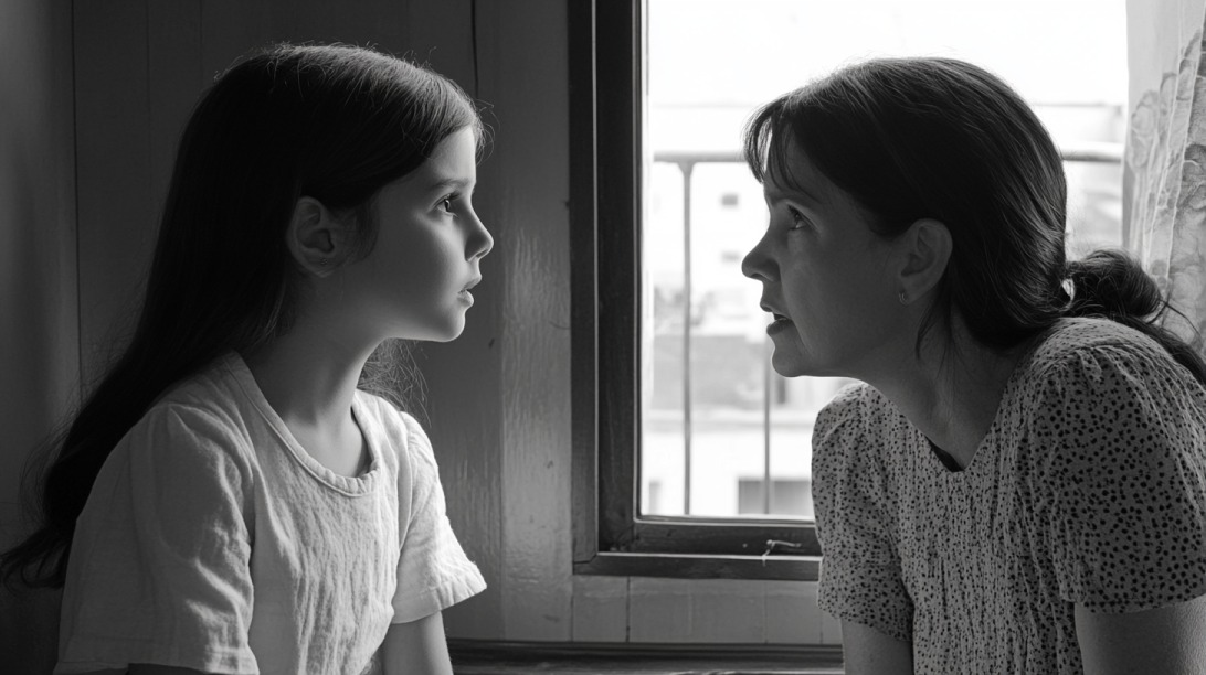Black and white image of a mother and daughter sitting by a window, having a serious conversation