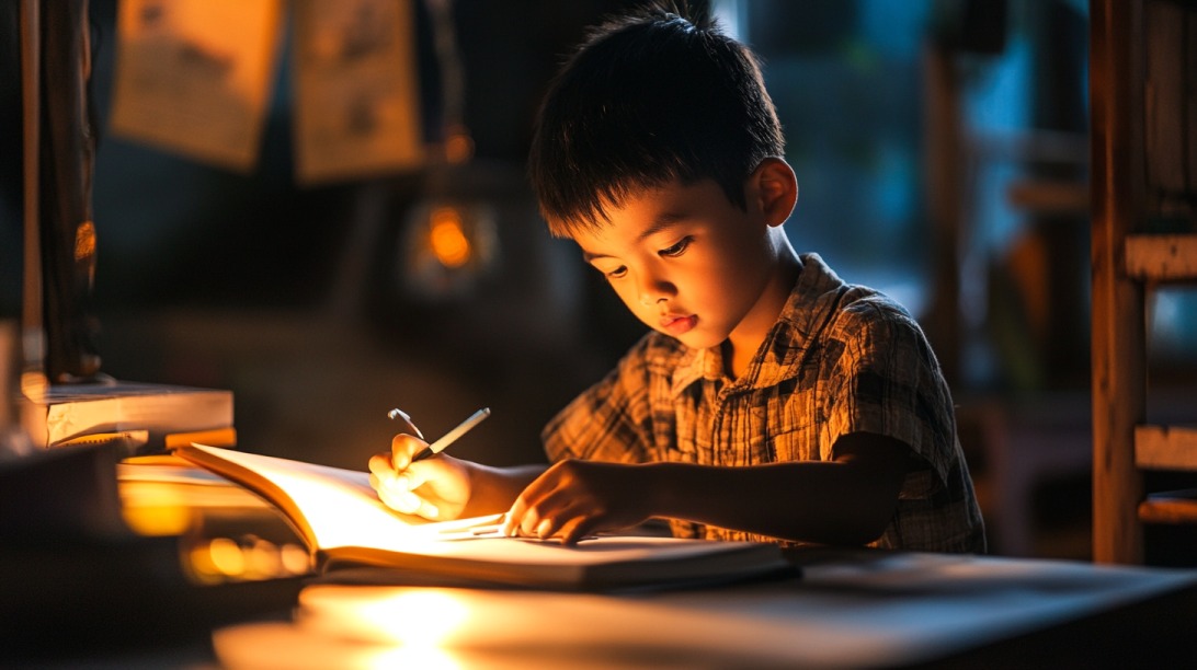 Young boy concentrating on writing in a notebook at a warmly lit desk