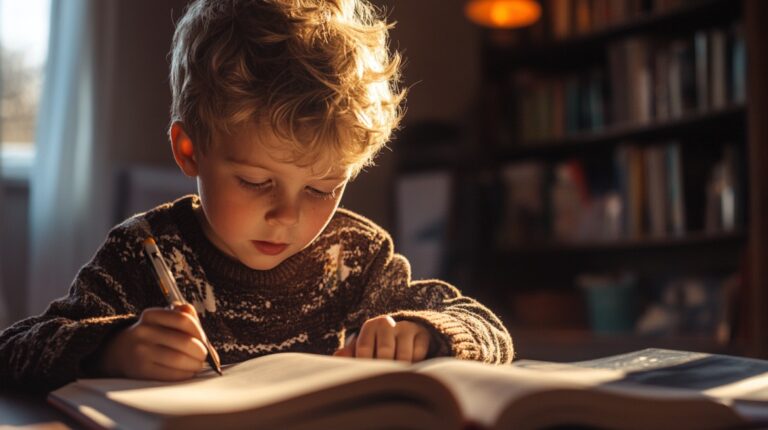 Young boy focused on writing in a book at home, with warm lighting and a bookshelf in the background