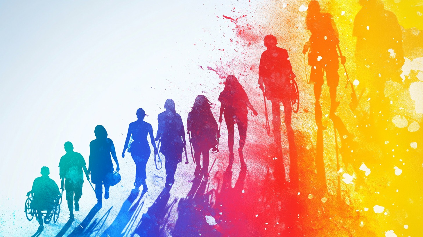 Colorful illustration of diverse individuals, including people with disabilities, walking together in a gradient spectrum