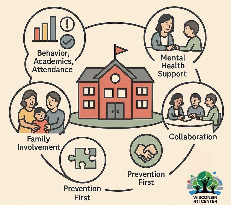 Illustration showing the benefits of MTSS (Multi-Tiered System of Supports), highlighting prevention, behavior, attendance, mental health, collaboration, and family involvement around a central school icon