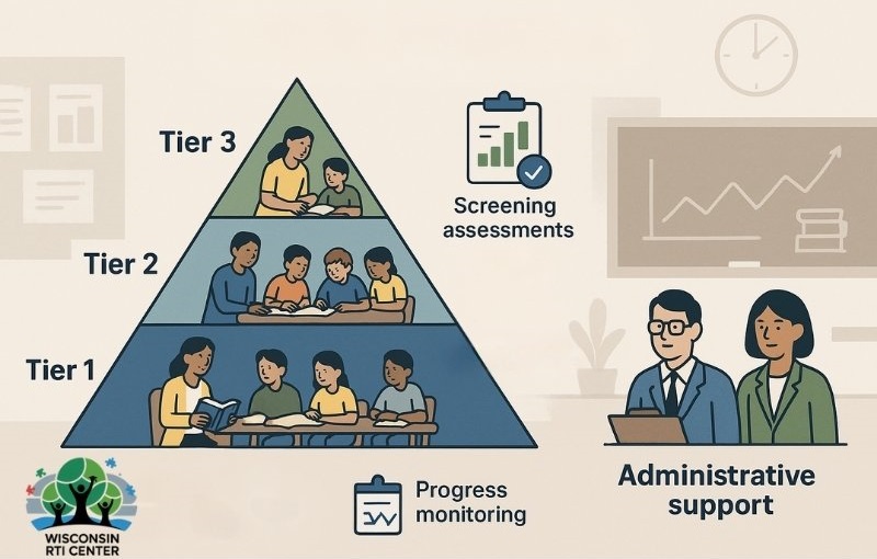 Diagram showing the RTI (Response to Intervention) three-tiered model with screening assessments, progress monitoring, and administrative support
