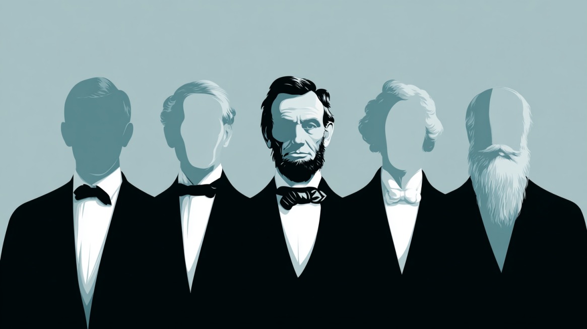 Stylized illustration of five historical-looking figures in formal attire, symbolizing leadership, discipline, and authority — representing the strengths of Classical Management Theory