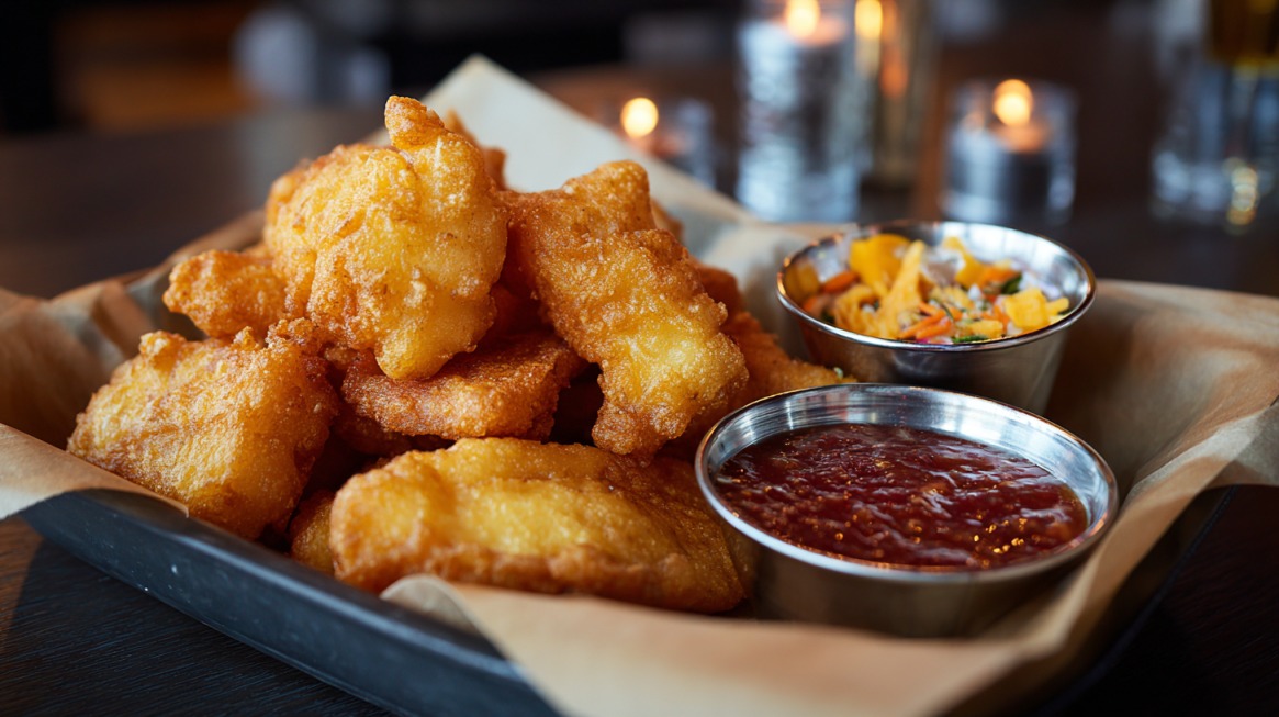 Close-up of a tray of fried fish pieces served with dipping sauces and coleslaw on the side, with a warm restaurant setting in the background