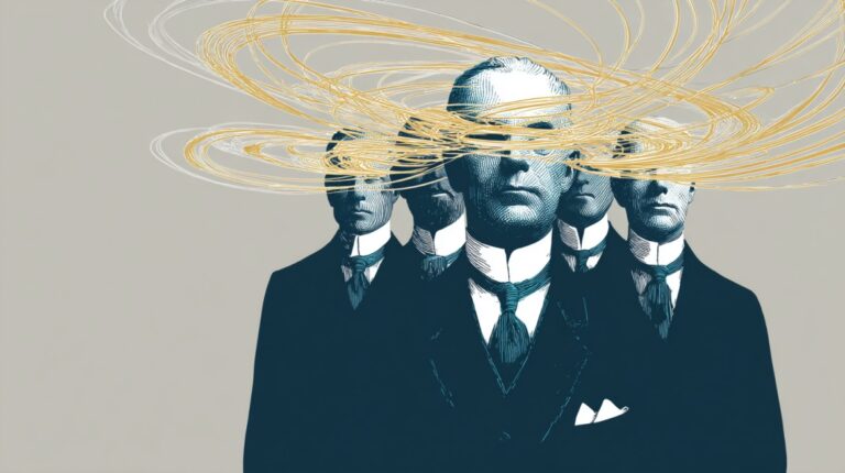 Stylized illustration of four men in suits with swirling golden lines around their heads, symbolizing structured but rigid thinking in management