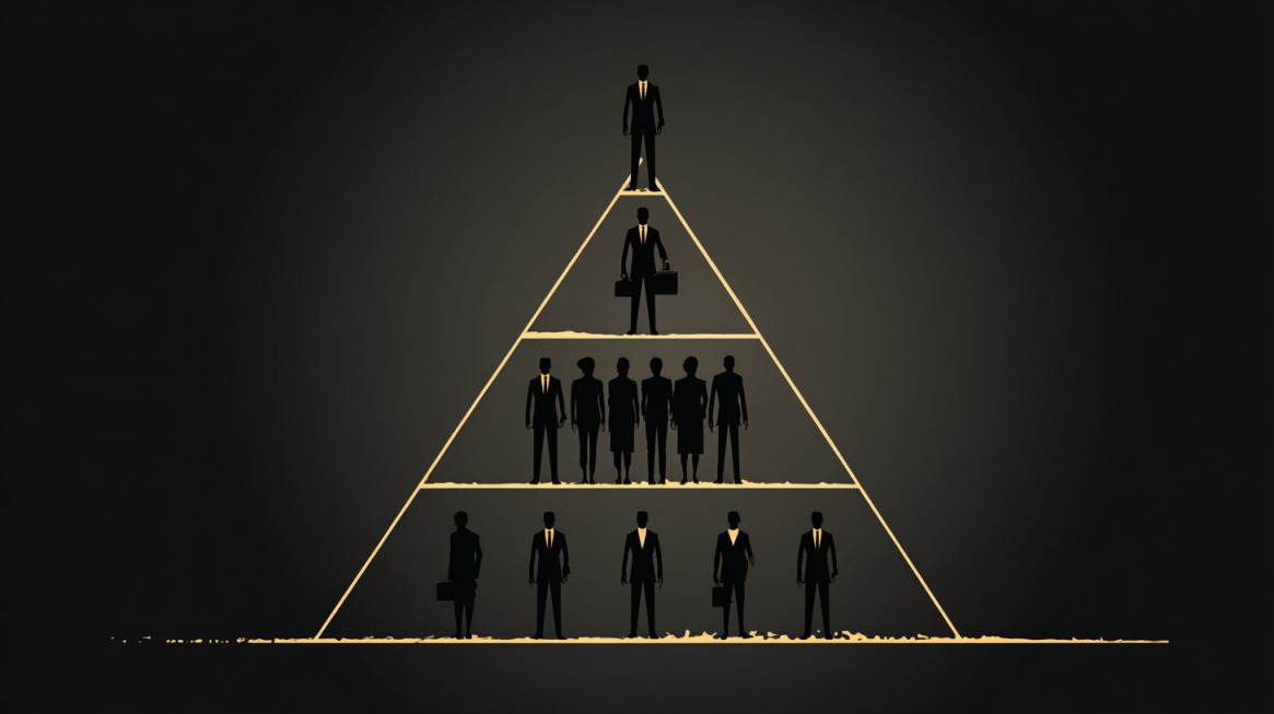Illustration of a golden pyramid hierarchy with silhouetted business figures arranged on different levels, representing organizational structure and authority in Classical Management Theory