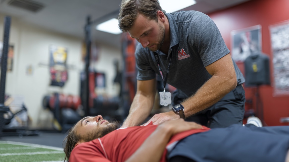 An athletic trainer checks an athlete lying on the floor of a training facility, assessing their chest or shoulder area for injury, with gym equipment visible in the background