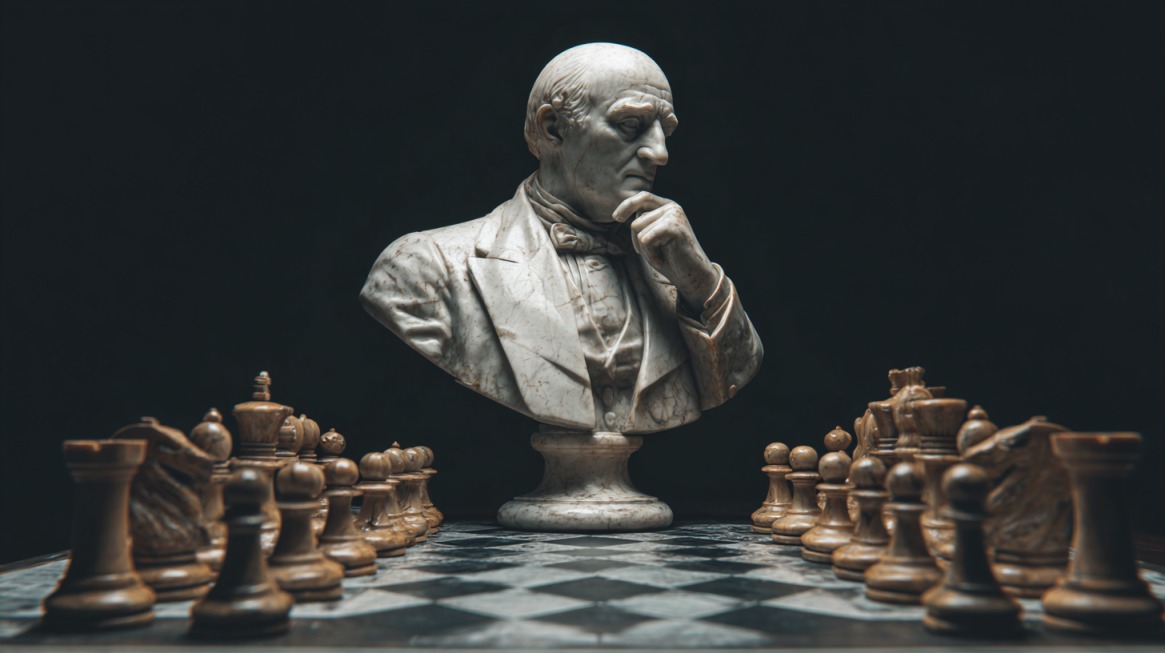 A marble bust of a thoughtful man facing a chessboard, symbolizing strategic decision-making and hierarchical leadership in Classical Management Theory