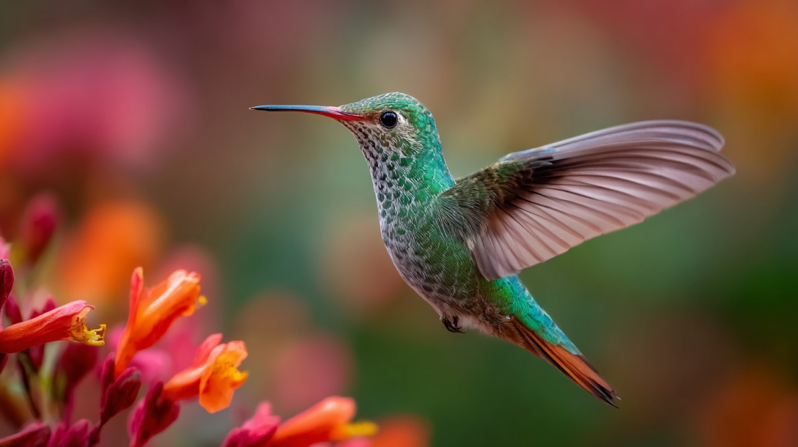 A green hummingbird with a red-tipped beak hovers near bright orange flowers, its wings spread mid-flight against a colorful blurred background