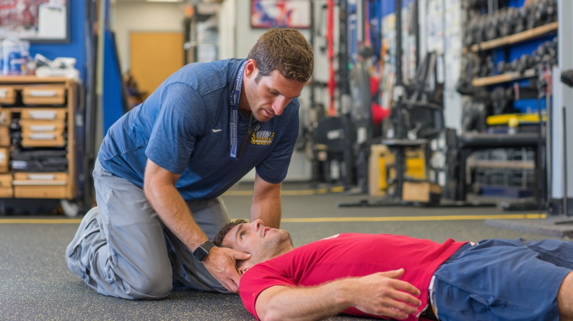 An athletic trainer kneels beside an athlete lying on the floor, supporting the athlete’s head and neck in a controlled environment, demonstrating emergency injury care