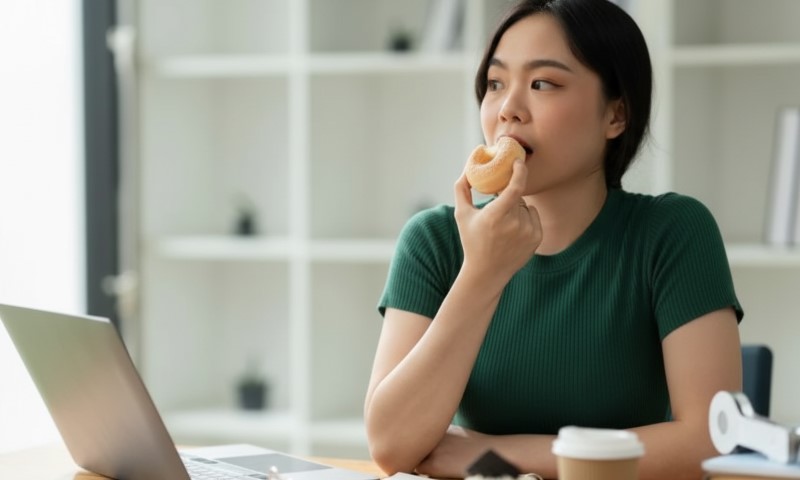 Young Asian woman in a green ribbed shirt taking a bite of a plain donut while seated at a desk with an open laptop