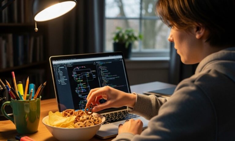 A person sitting at a desk with a laptop and a bowl of cereal