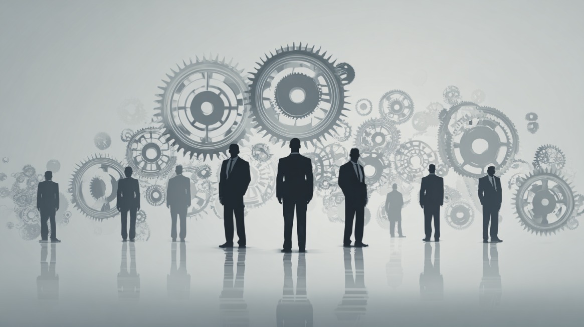 Silhouettes of business professionals standing in front of large interconnected gears, representing coordination, structure, and efficiency in Classical Management Theory