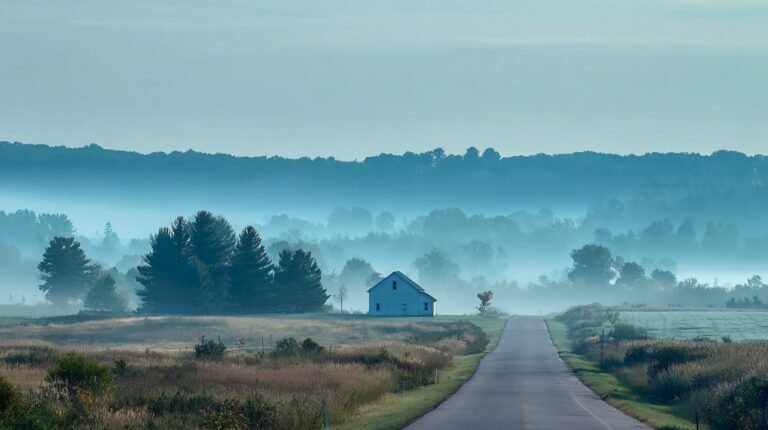 Rural landscape in Wisconsin with a small white house beside a long country road, surrounded by misty trees and rolling hills at sunrise
