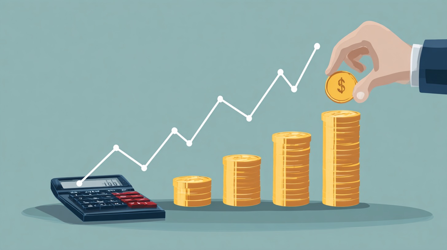 Illustration of a hand stacking gold coins beside a calculator with a rising line graph showing financial growth