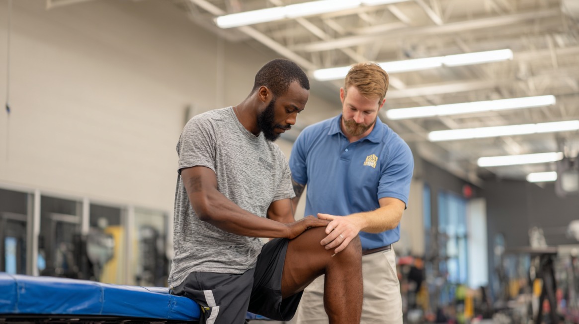 An athletic trainer evaluates an athlete’s knee in a gym setting, both focused on the leg as part of an injury prevention or rehabilitation exercise