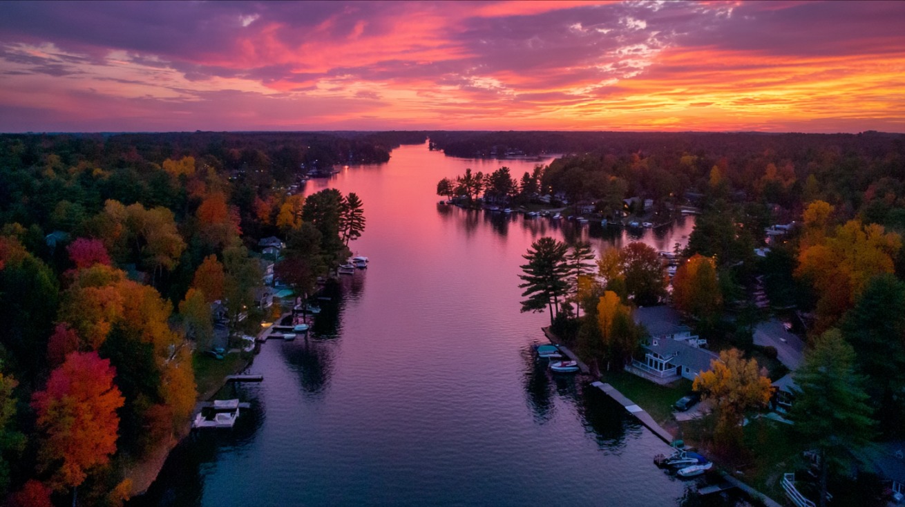 Aerial view of Lake Minocqua at sunset, surrounded by colorful autumn trees, lakeside cabins, and docks reflecting pink and orange skies on calm water