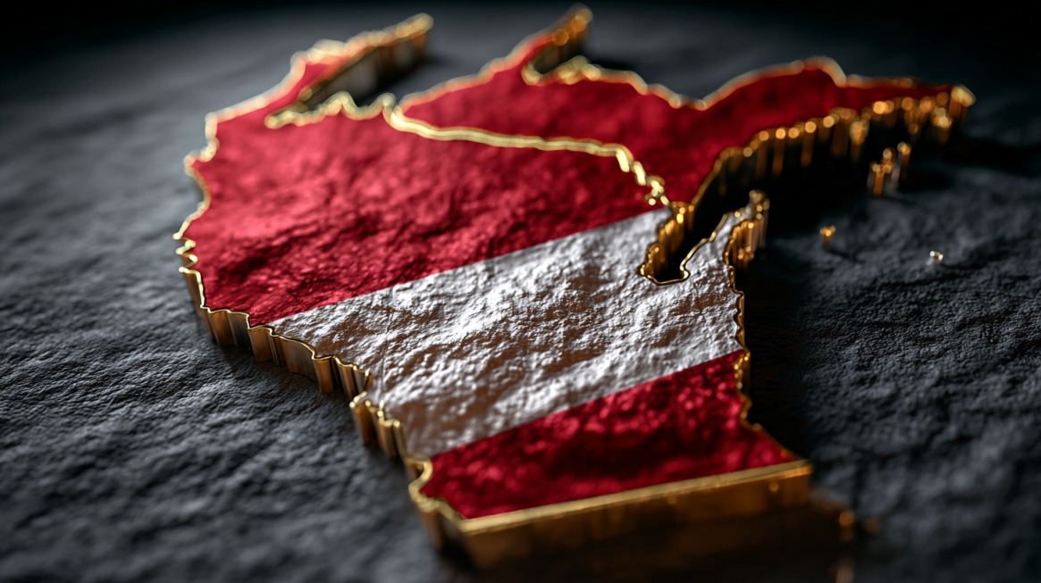 3D map of Wisconsin with a red and white texture and gold borders on a dark surface