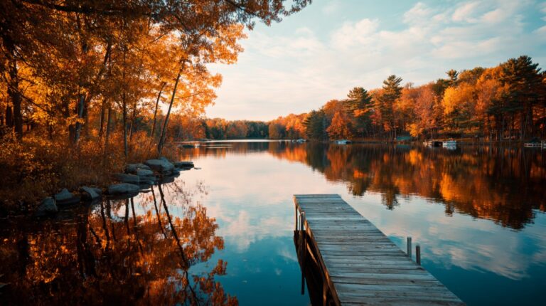 Scenic view of a wooden dock extending into a calm lake surrounded by trees with golden autumn leaves, under a soft, partly cloudy sky