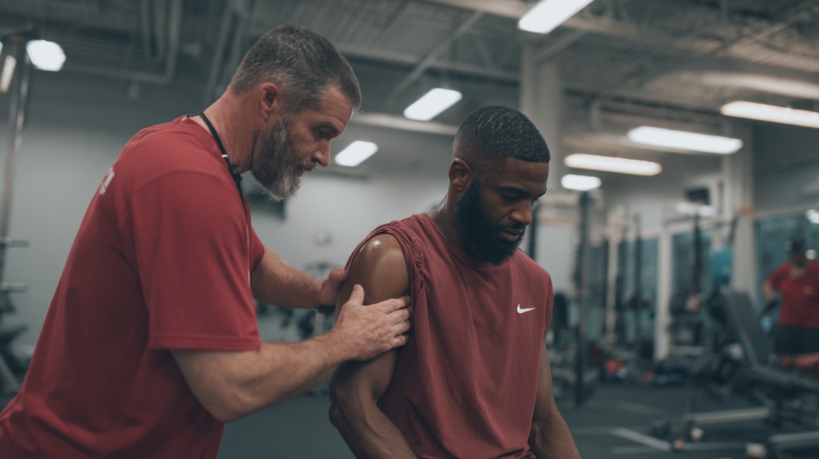 An athletic trainer assists an athlete with a shoulder rehabilitation exercise in a gym setting, focusing on controlled movement and recovery support