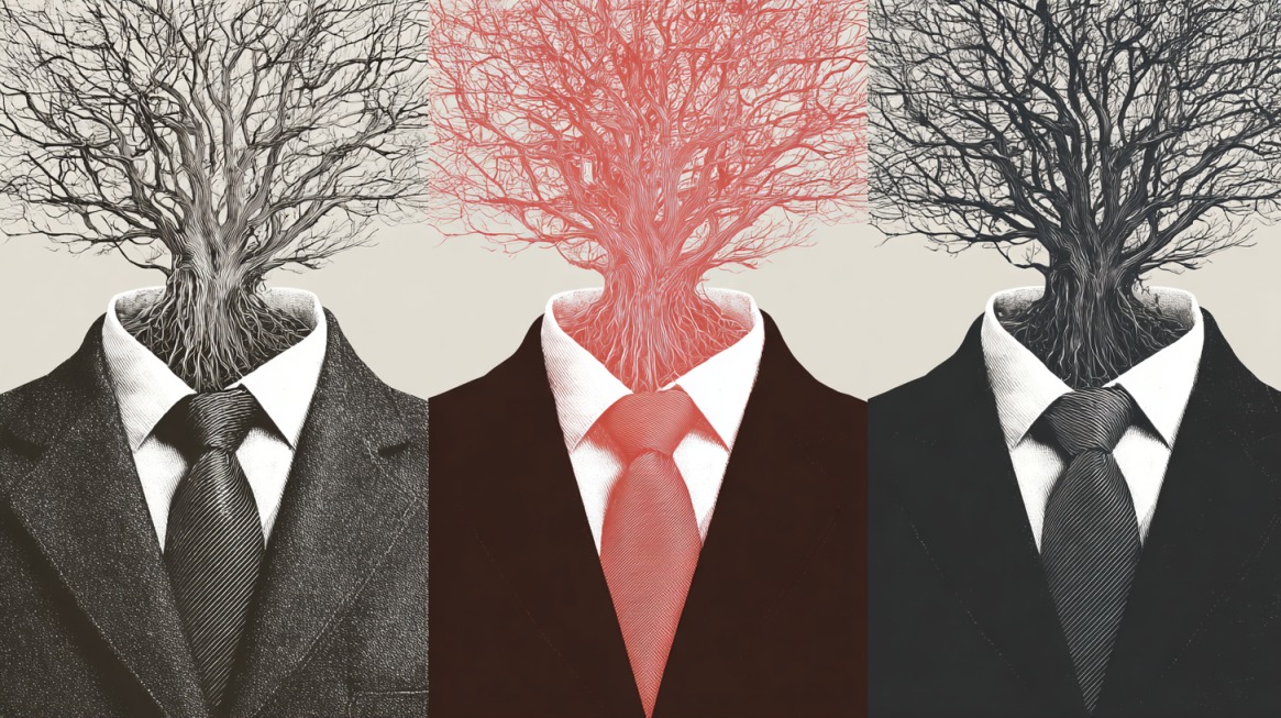 Artistic depiction of three figures in suits with tree branches growing from their necks, symbolizing the three main branches of Classical Management Theory: Scientific, Administrative, and Bureaucratic