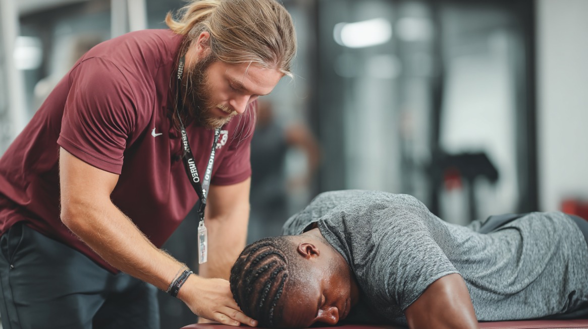 An athletic trainer performs a manual therapy technique on an athlete’s neck and upper back in a gym setting, focusing on proper care and recovery