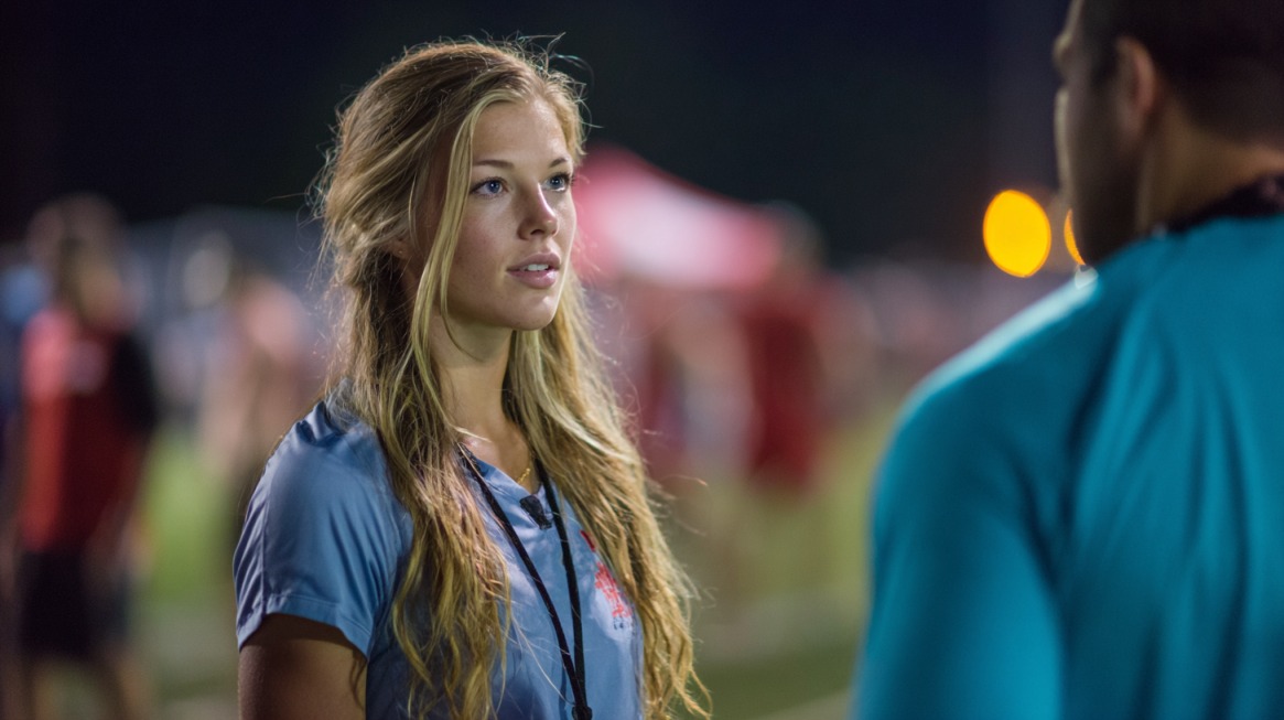 An athletic trainer stands on a sports field at night, listening attentively during a game, ready to assist athletes as needed