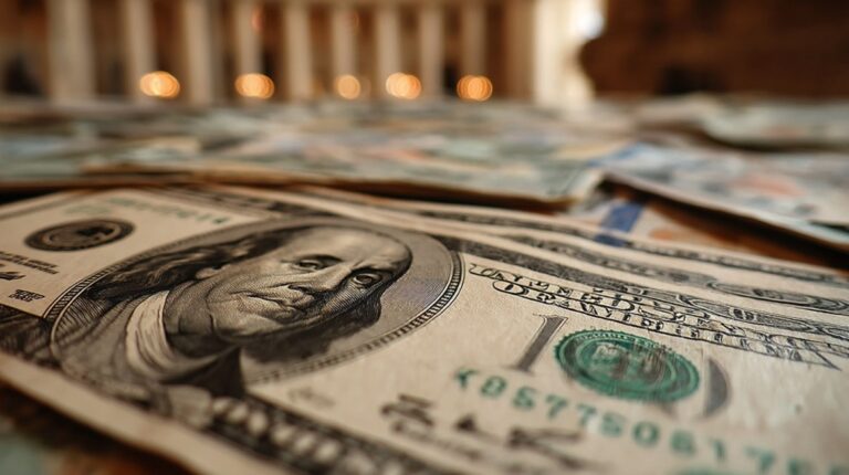 Close-up of U.S. one-hundred-dollar bills with blurred background lights and building columns