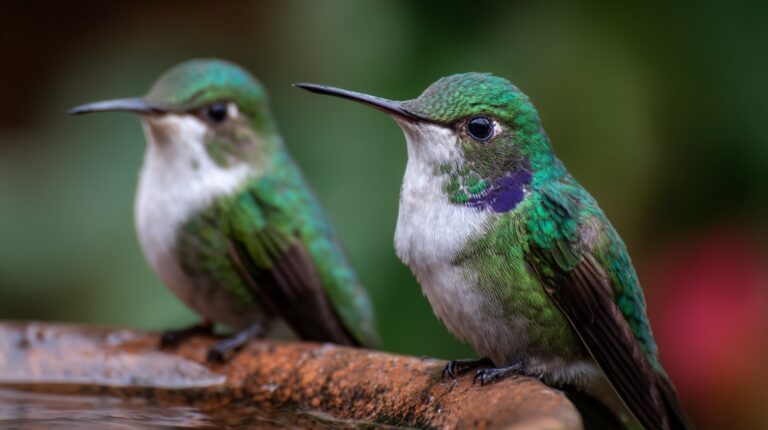 Two green and white hummingbirds perched on the edge of a water dish, with a blurred green and pink background