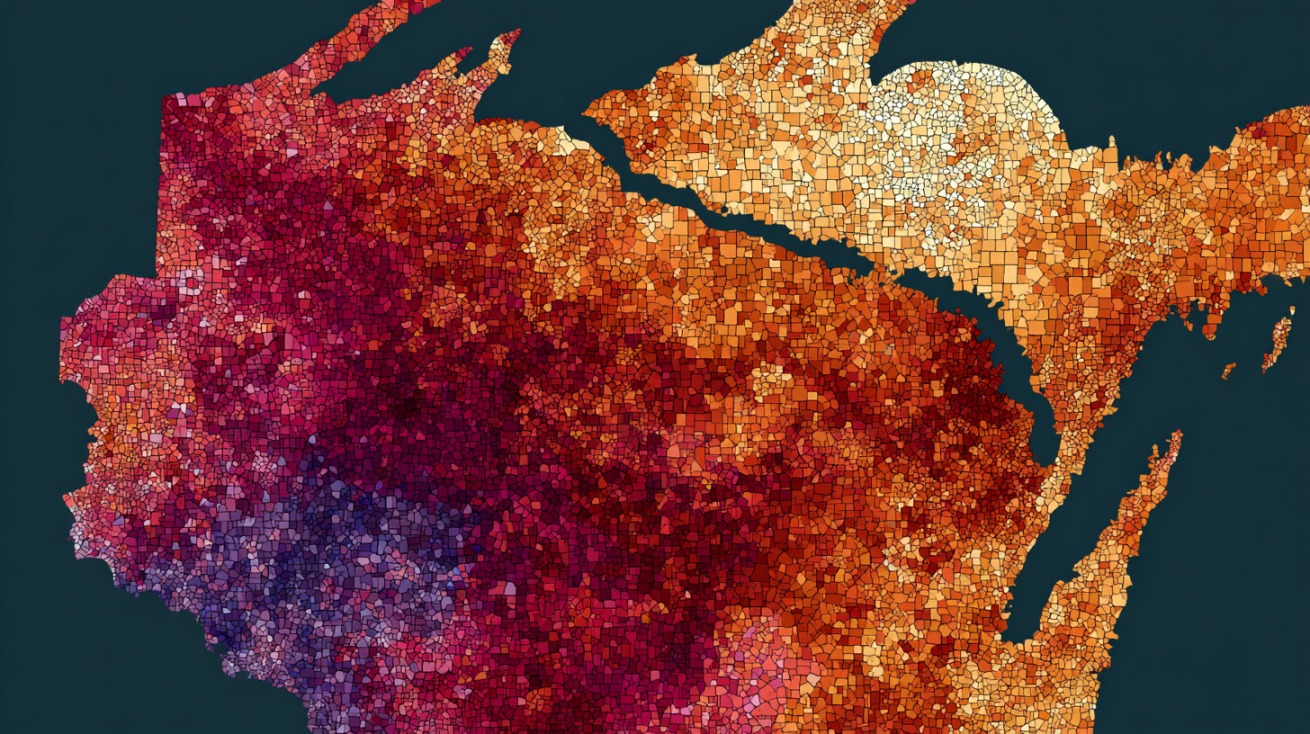 Colorful mosaic-style map illustration of Wisconsin and surrounding areas, showing counties in shades of red, orange, and yellow