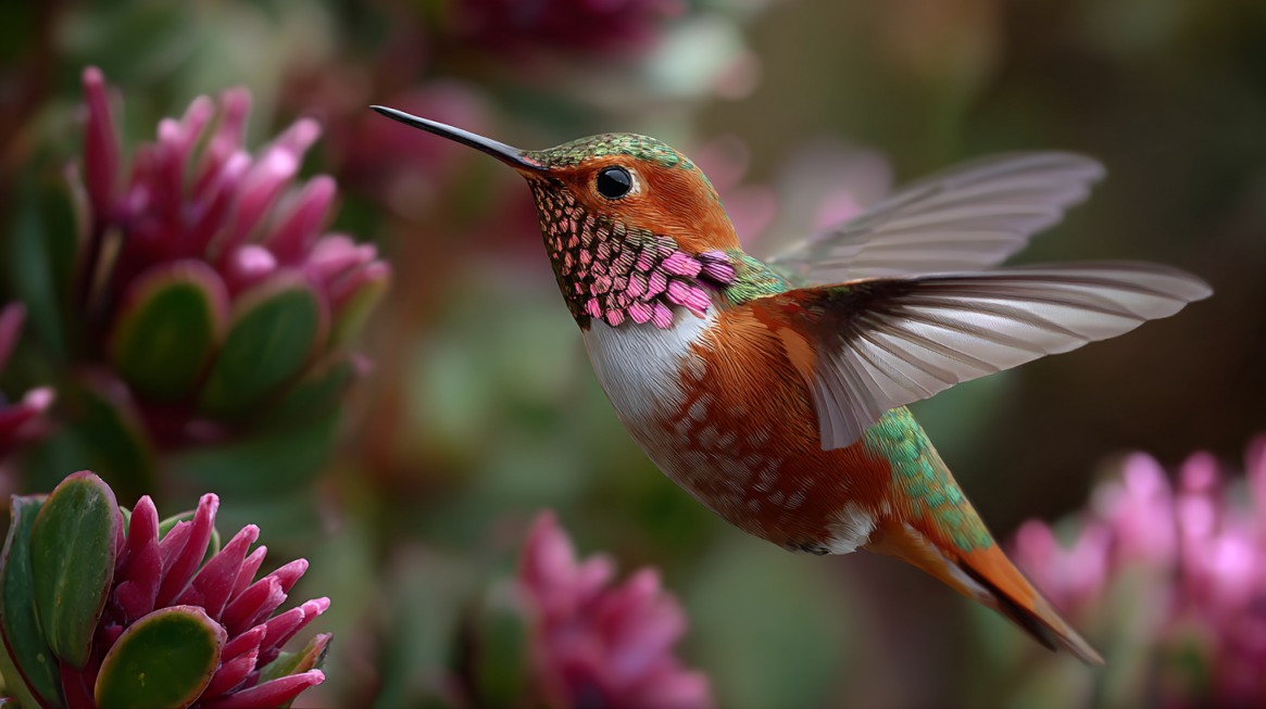 A vibrant hummingbird with orange, green, and pink feathers hovering near pink flowers, feeding with wings blurred in motion