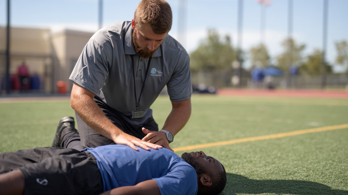 An athletic trainer kneels on a sports field beside an athlete lying down, assessing their condition during a possible injury situation