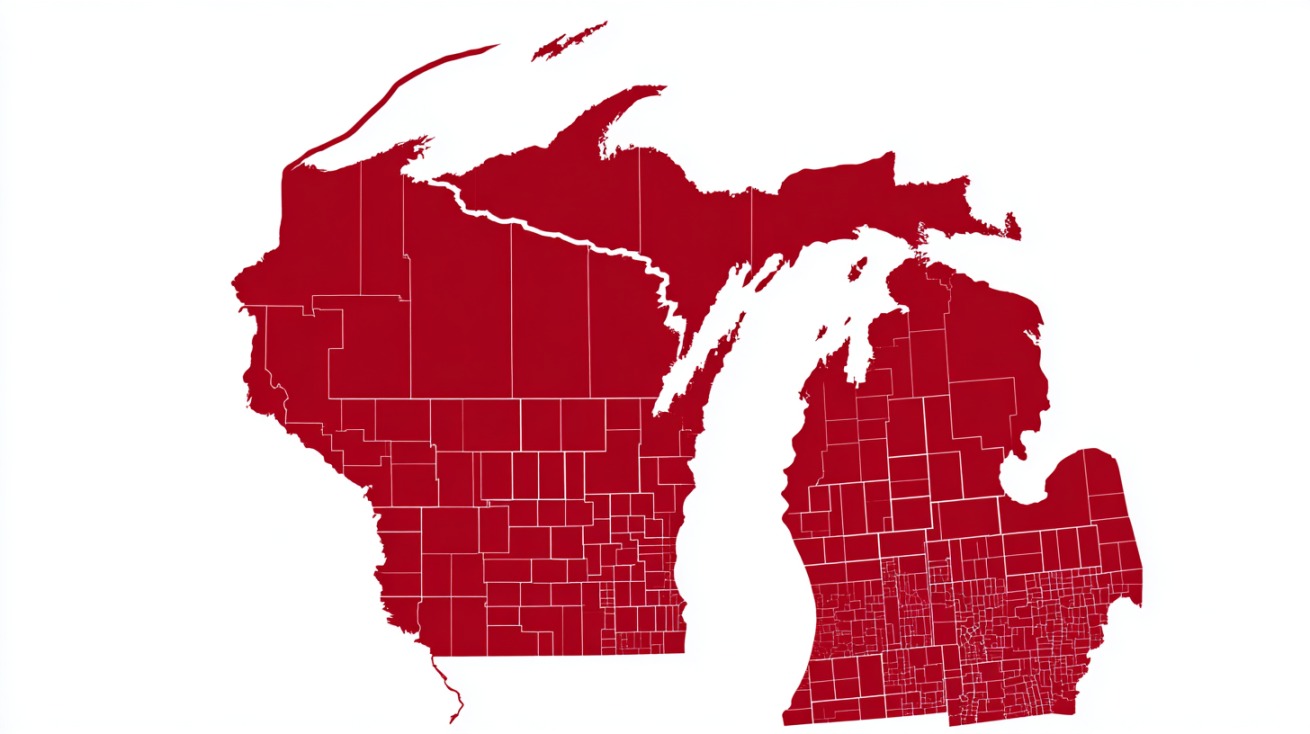 Simplified red and white map showing Wisconsin and Michigan divided into counties, highlighting county boundaries