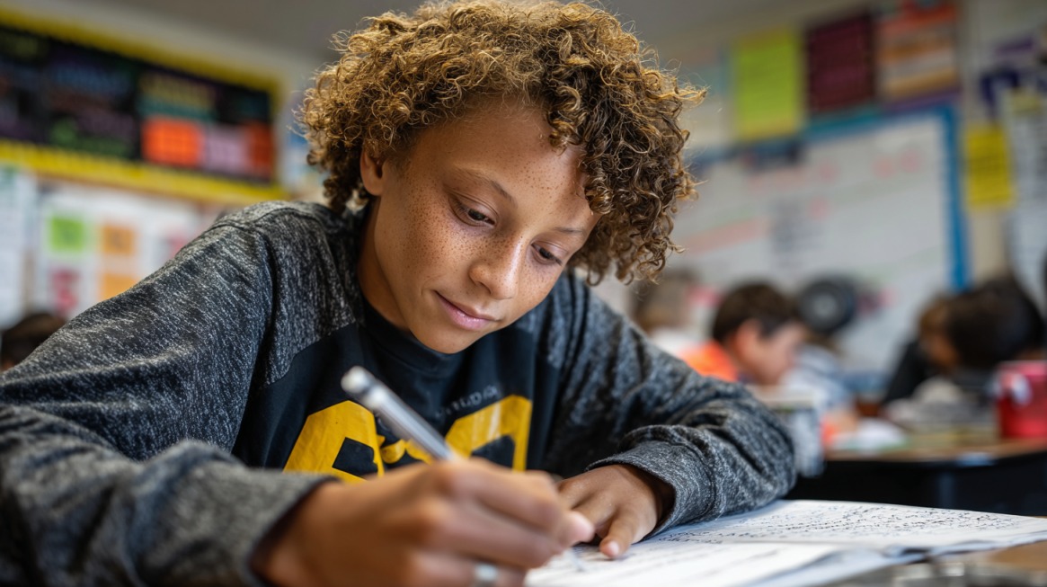 Student writing on a worksheet during a classroom lesson