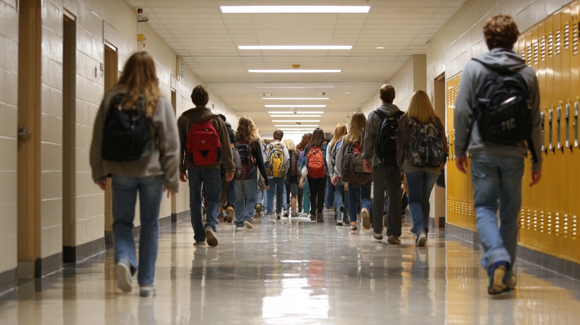 Students walking down a school hallway with backpacks and lockers on both sides
