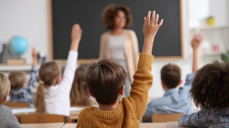 Elementary students raising their hands while a teacher stands at the front of the classroom