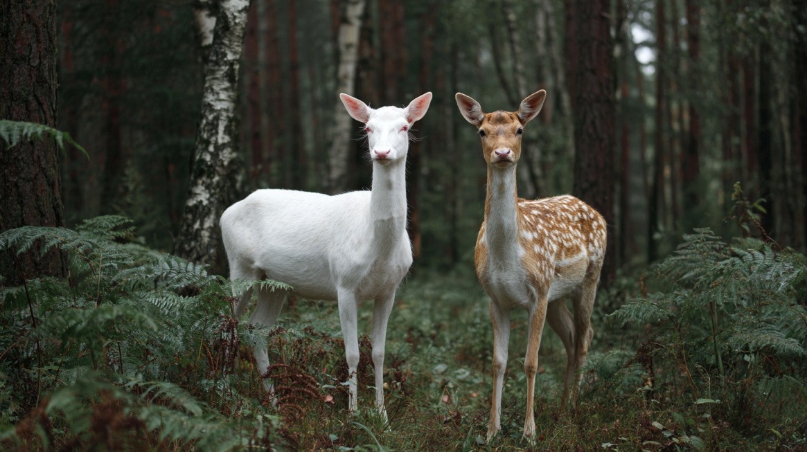 White albino deer and brown piebald deer standing together among trees