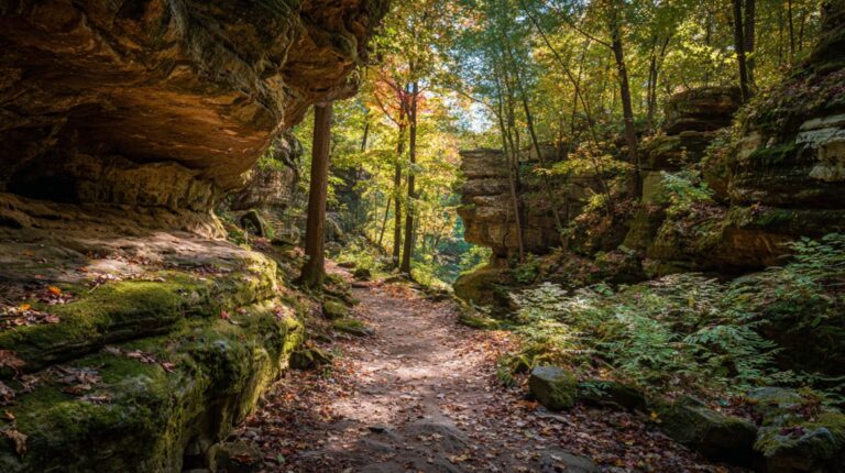Hiking path between rocky outcrops surrounded by autumn trees