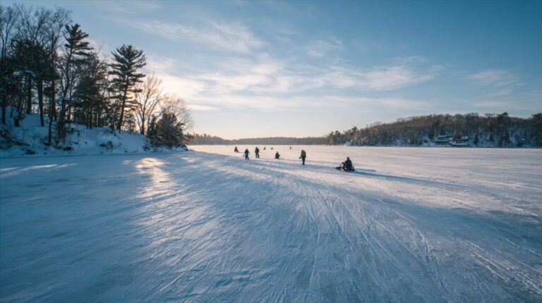 People walking and riding across a frozen lake in winter