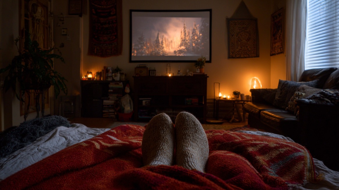 Person resting under a blanket watching a movie in a softly lit living room