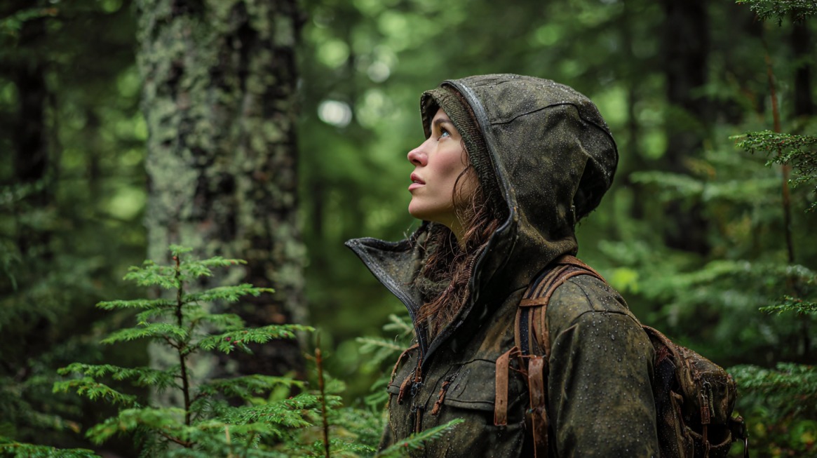 Person in a hooded jacket looking upward in a dense green forest
