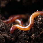 A brown segmented jumping worm emerging from loose soil