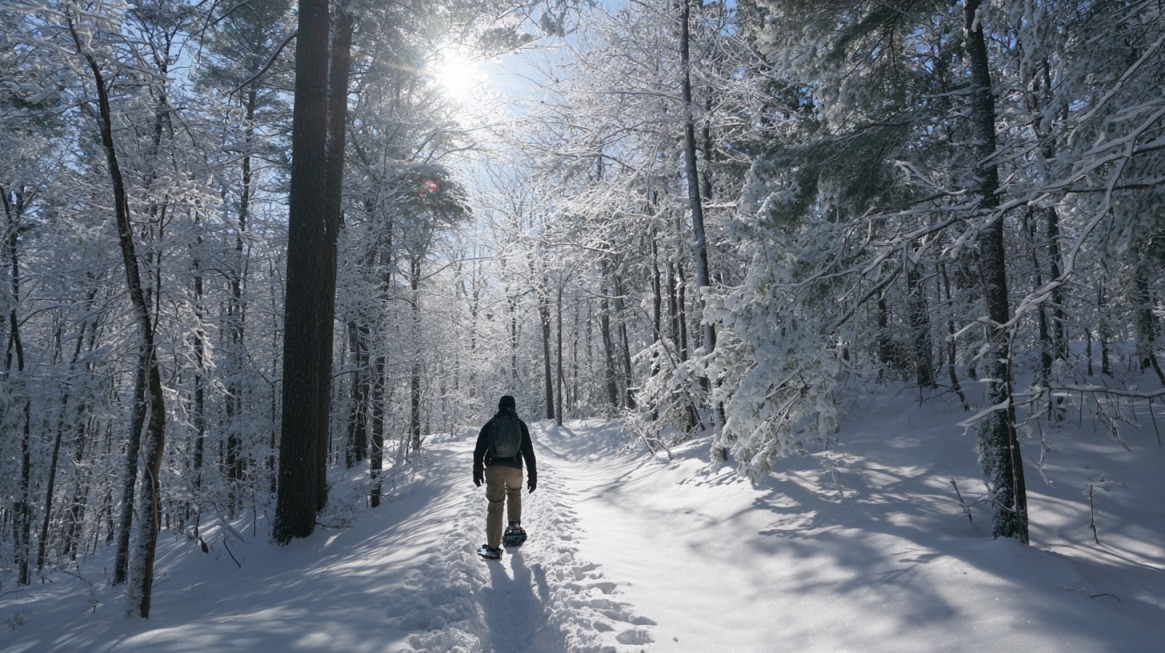 Person snowshoeing on a snowy forest trail with sunlight through trees