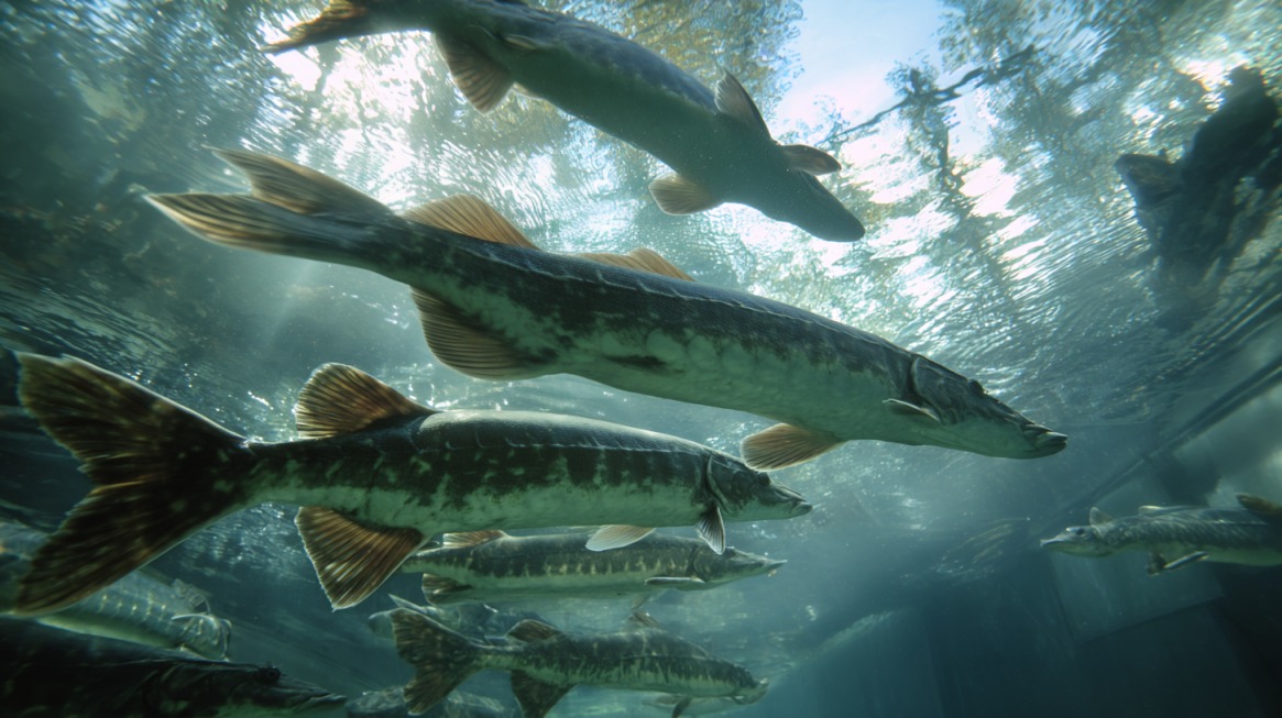 Large sturgeon swimming underwater in a river