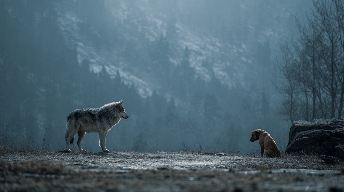 A gray wolf facing a small dog in a misty woodland clearing