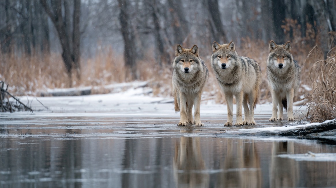 Three gray wolves standing at the edge of an icy stream