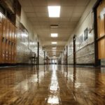 Low-angle view of a polished school hallway with rows of brown lockers and classroom doors on both sides