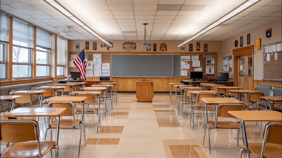 Rows of desks in a bright classroom with a chalkboard and American flag