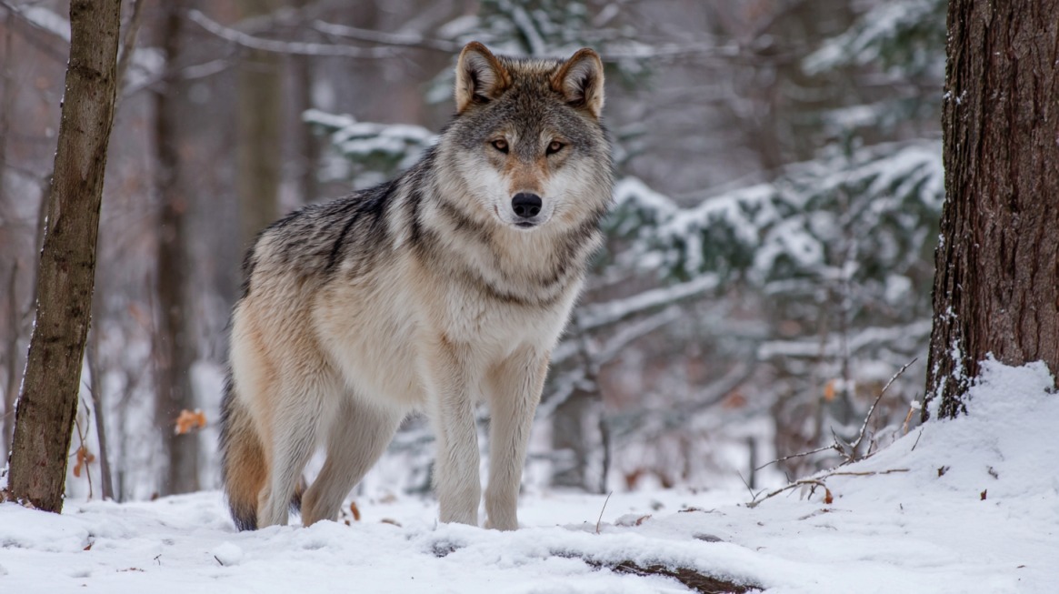 Wild gray wolf in winter woods surrounded by snow covered trees