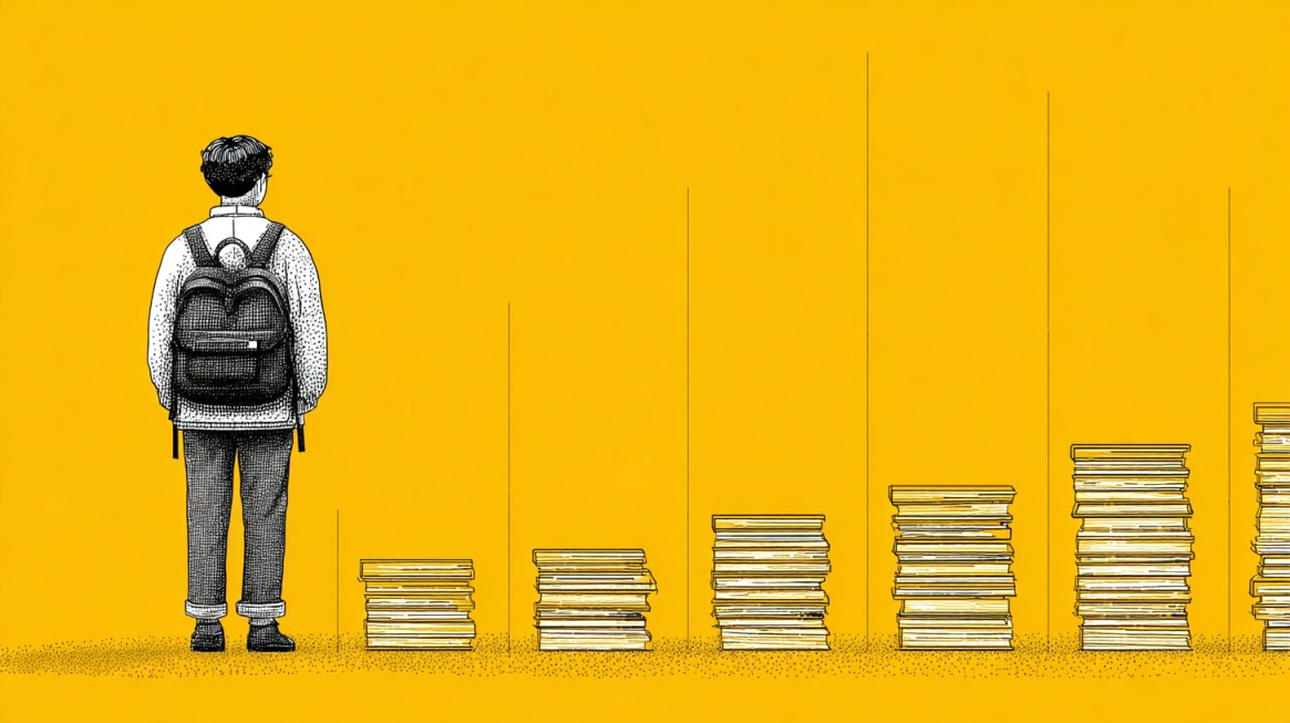 Illustration of a student with a backpack looking at progressively taller stacks of books against a yellow background